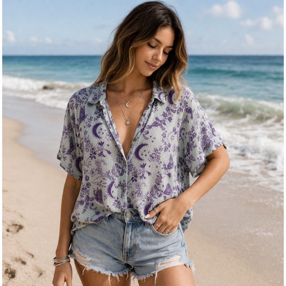 Free People Intimately Butterfly Moon Celestial Print Boho Blouse L